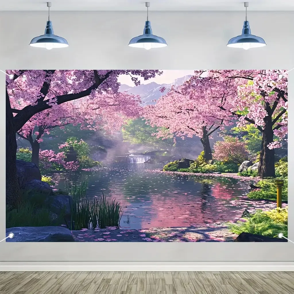 Japanischer Gartenteppich | Szene mit Kirschblüten und Koi-Teich | Rosa/grüner Wasserfall | Große Wanddekoration für Hochzeit/Party/Büro Image