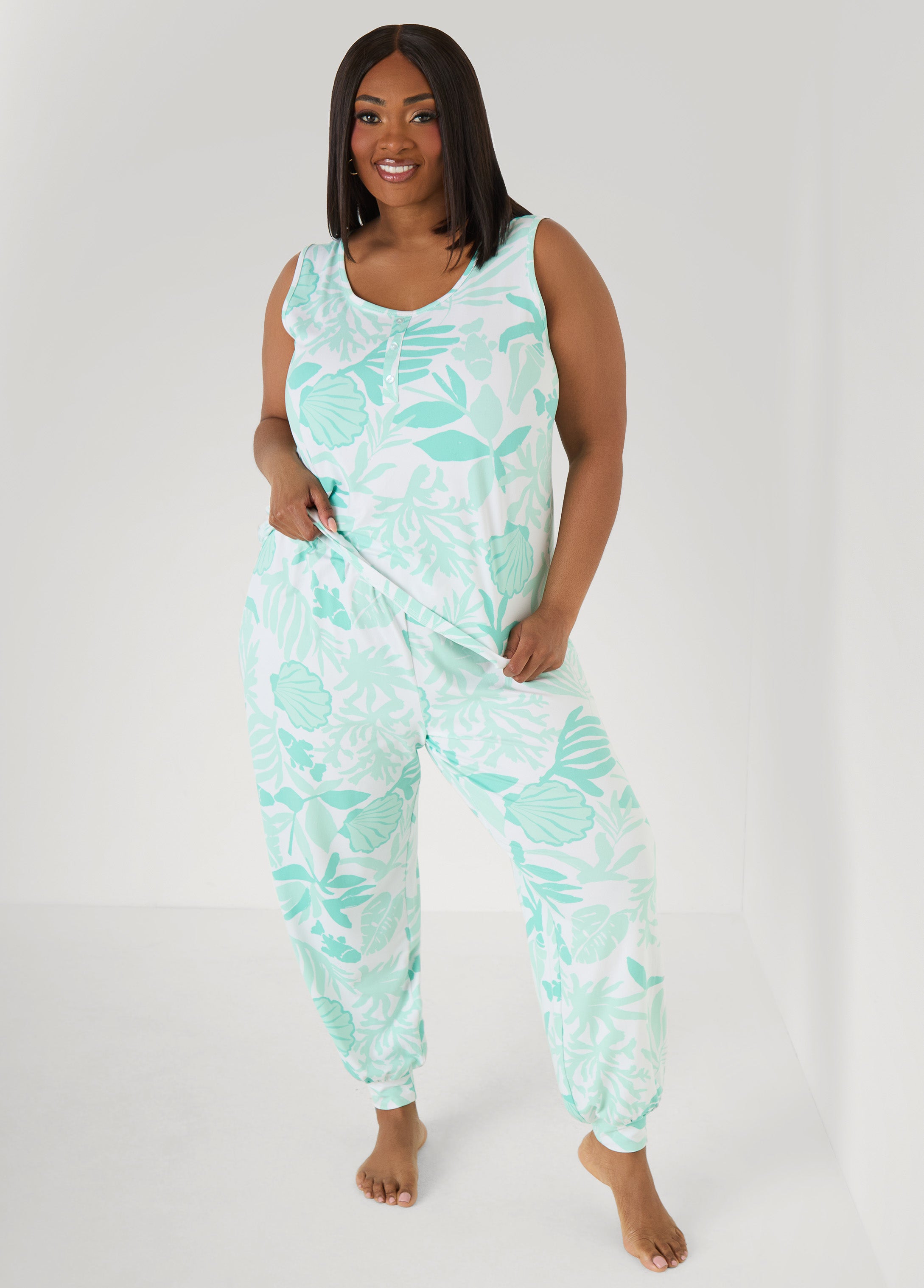 Plus Size Moon To Noon Leaf Print PJs Set