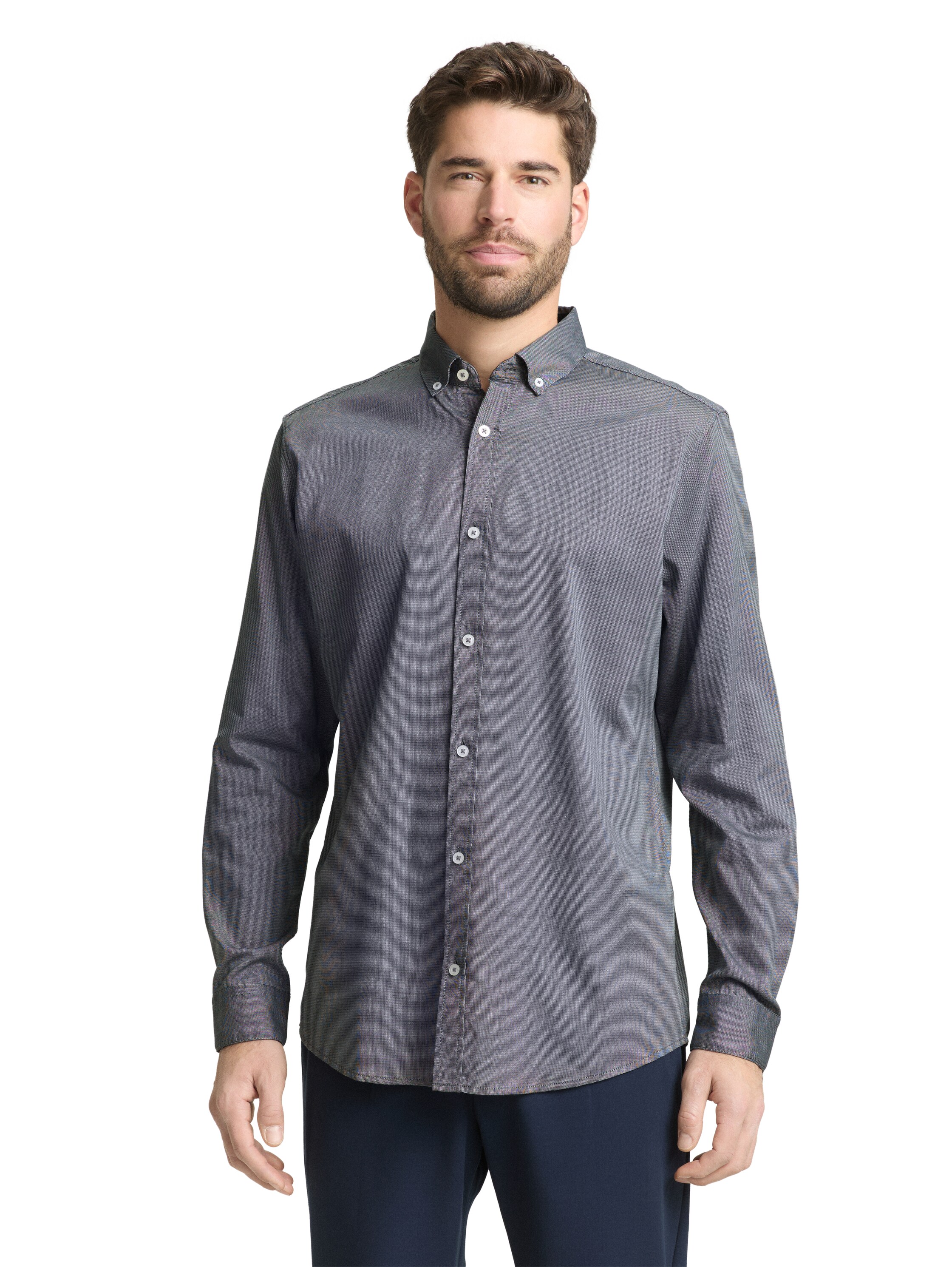 Langarmhemd TOM TAILOR, Herren, Gr. M, N-Gr, navy structure, Web, Obermaterial: 50% Baumwolle, 50% Lyocell, unifarben, regular fit normal, ohne Ausschnitt, Manschette, Hemden, mit Manschetten