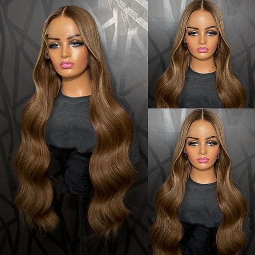 Echthaar 5x5 Verschluss 13x4 Spitzenfront Perücke Freier Scheitel Brasilianisches Haar Bodywave Hellbraun Perücke 150% 180% Haardichte mit Babyhaaren Natürlicher Haaransatz 100% Unbehandelt Image
