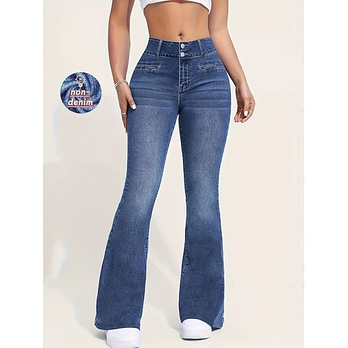 Damen Jeans Schlaghose Streetwear Lässig Volle Länge Mittlere Taillenlinie Einfach Tasche Elastischer Bund Bequem Hohe Elastizität Täglich Outdoor Urlaub Blau Frühling Herbst Schmale Passform Image