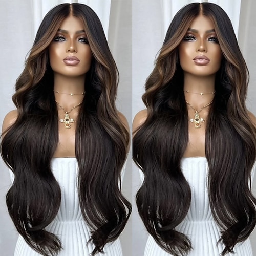 Echthaar 5x5 Verschluss 13x4 Spitzenfront Perücke Freier Scheitel Brasilianisches Haar Gewellt Natürlich Dunkelbraun Perücke 150% 180% Haardichte Hervorgehobenes / Balayage-Haar Natürlicher Image