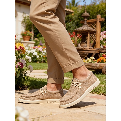 Beige Espadrilles für Herren zum Hineinschlüpfen, weiches Obermaterial aus Stoff, bequeme Sohle, entspannter Outdoor-Stil für Urlaub, Spaziergänge und Reisen Image
