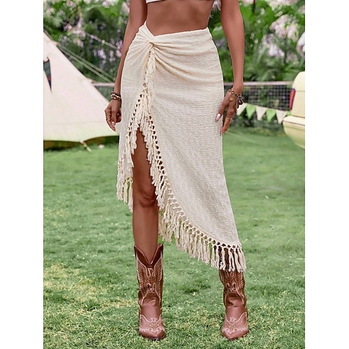 Damen Urlaubsrock Bohemien Lässig Midi Hohe Taille Röcke Einfach Quastenfransen Mikroelastisch Täglich Straße Aprikose Sommer Polyester Image