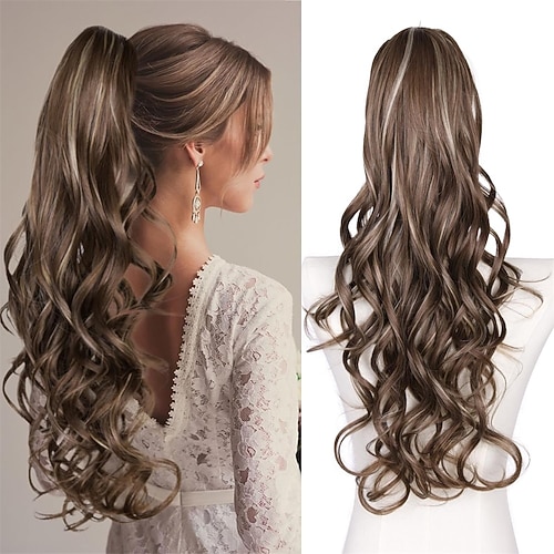 Pferdeschwanzverlängerung für Damen, 66 cm lang, gestuft, mit Kordelzug, gewellt, aus synthetischem Haar, für den täglichen Gebrauch, Farbe Braun, 66 cm Image