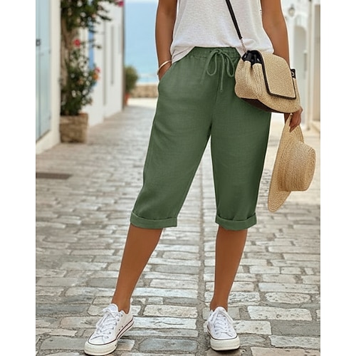 Damen Caprihose Chinos Sommershorts Schnitt Urlaub Streetwear Lässig Knielang Mittlere Taillenlinie Einfach Kordelzug Tasche Bequem Atmungsaktiv Unelastisch Täglich Outdoor Straße Dunkelgrau Rot Image