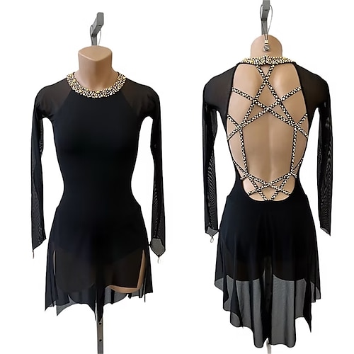 Eiskunstlaufkleid Damen Eislaufen Kleid Schwarz Rosa Patchwork Offener Rücken Dehnbar Training Wettbewerb Eiskunstlaufkleidung Klassisch Kristall / Strass Langarm Eislaufen Eiskundstlauf Image