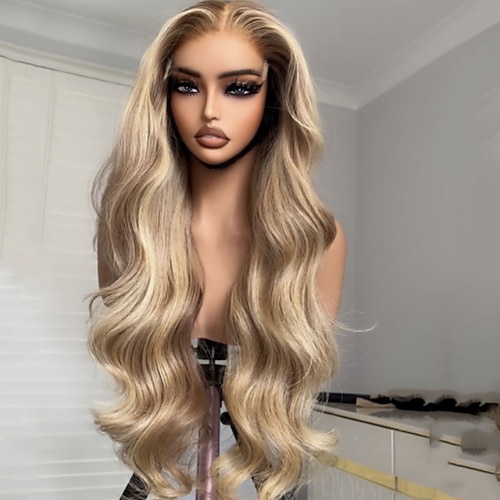 Echthaar 5x5 Verschluss 13x4 Spitzenfront Perücke Mittelscheitel Brasilianisches Haar Gewellt Blond Mehrfarbig Perücke 150% 180% Haardichte mit Babyhaaren Ombre-Haar Hervorgehobenes / Balayage-Haar Image