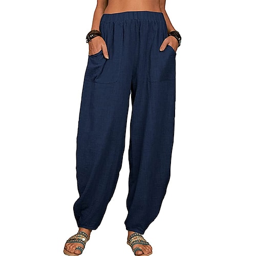 Damen 100% Baumwolle Baggy-Hosen Haremshose Komfort Knöchellang Natürliche Taille Einfarbig Tasche Elastischer Bund Lässig Schwarz Weiß Armeegrün Dunkelmarine Sommer Frühling Herbst Image