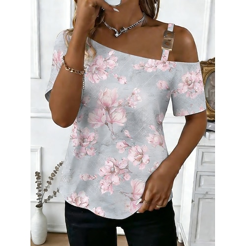 Damen T Shirt T-Shirt Druck Blumen Grafik Stilvoll Klassisch Lässig Kurzarm Asymmetrischer Ausschnitt Normale Oberteile Täglich Ausgehen Wochenende Hellgrün Rosa Orange Grün Grau Sommer Frühling Image