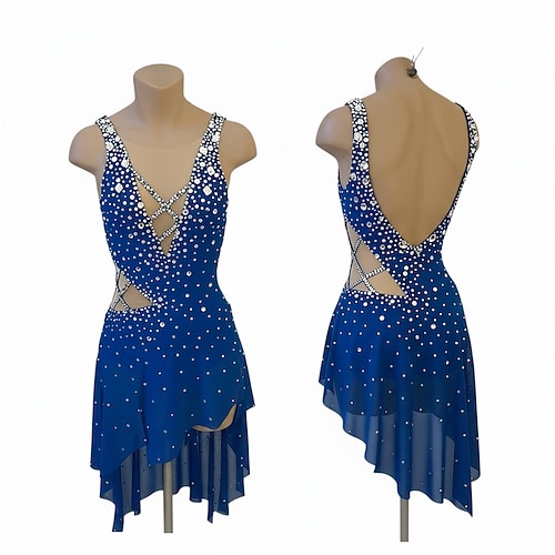Eiskunstlaufkleid Damen Eislaufen Kleid Blau Patchwork Offener Rücken Dehnbar Training Wettbewerb Eiskunstlaufkleidung Klassisch Kristall / Strass Ärmellos Eislaufen Eiskundstlauf Image