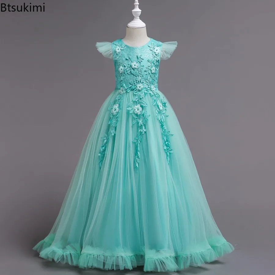 Sommer Neue 5-14 Jahre Grün Burgund Blume Baby Mädchen Kleider Tüll Spitze Lange Prinzessin Party Pageant Kleider für mädchen Vestidos Image