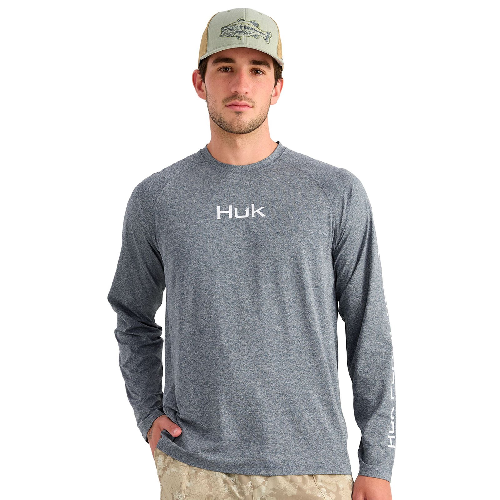 HUK Men's Airweight LS Crew (Size M) Stormy Blue Heather, Polyester,Spandex