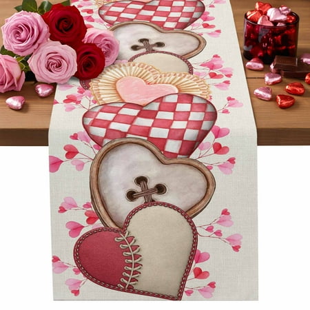 Valentine s Day Cotton Linen Table Runner Watercolor Pink Lace Plaid Button Rugby Love Heart Linen Texture Dining Table Runners for Home Decor Party Dining Room Restaurant Kitchen Party 13 x 48