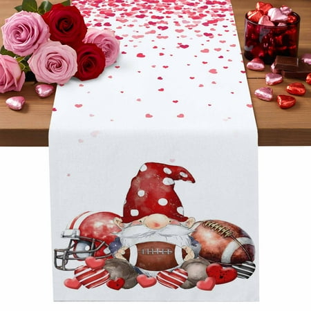 Valentine s Day Cotton Linen Table Runner Abstract Gnome with Rugby Red Black Stripes Love Heart Dining Table Runners for Home Decor Party Dining Room Restaurant Kitchen Party 13 x 72