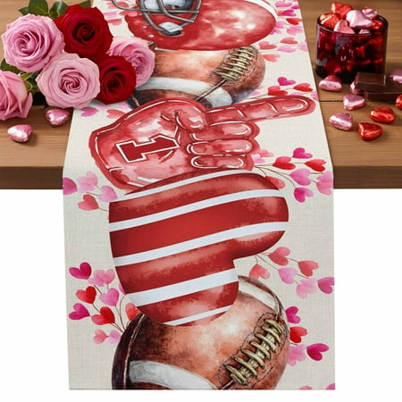 Valentine s Day Cotton Linen Table Runner Watercolor Red Pink Rugby Helmet Glove Love Heart Linen Texture Dining Table Runners for Home Decor Party Dining Room Restaurant Kitchen Party 13 x 36