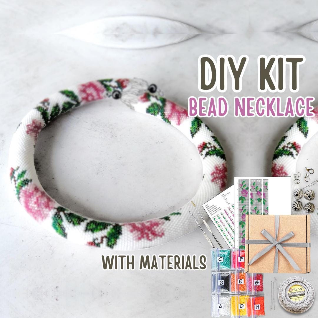 Kit per collana a corda all'uncinetto con perline rosa fai da te - Kit per lavoretto di perline bianche - Kit per gioielli all'uncinetto per principia