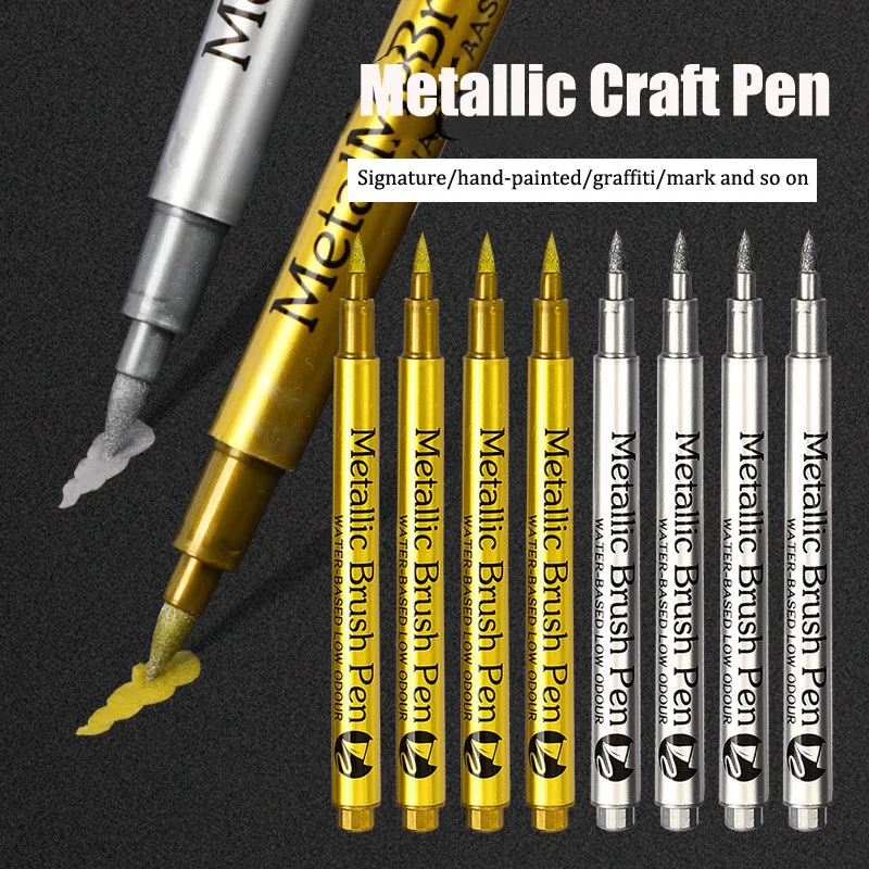 Pinsel Metallic Kunsthandwerk Stift Silber/Gold Permanente Acrylfarbe Stifte Marker für Felsmalerei 1–5 mm weiche/harte Spitze Kunstbedarf Image