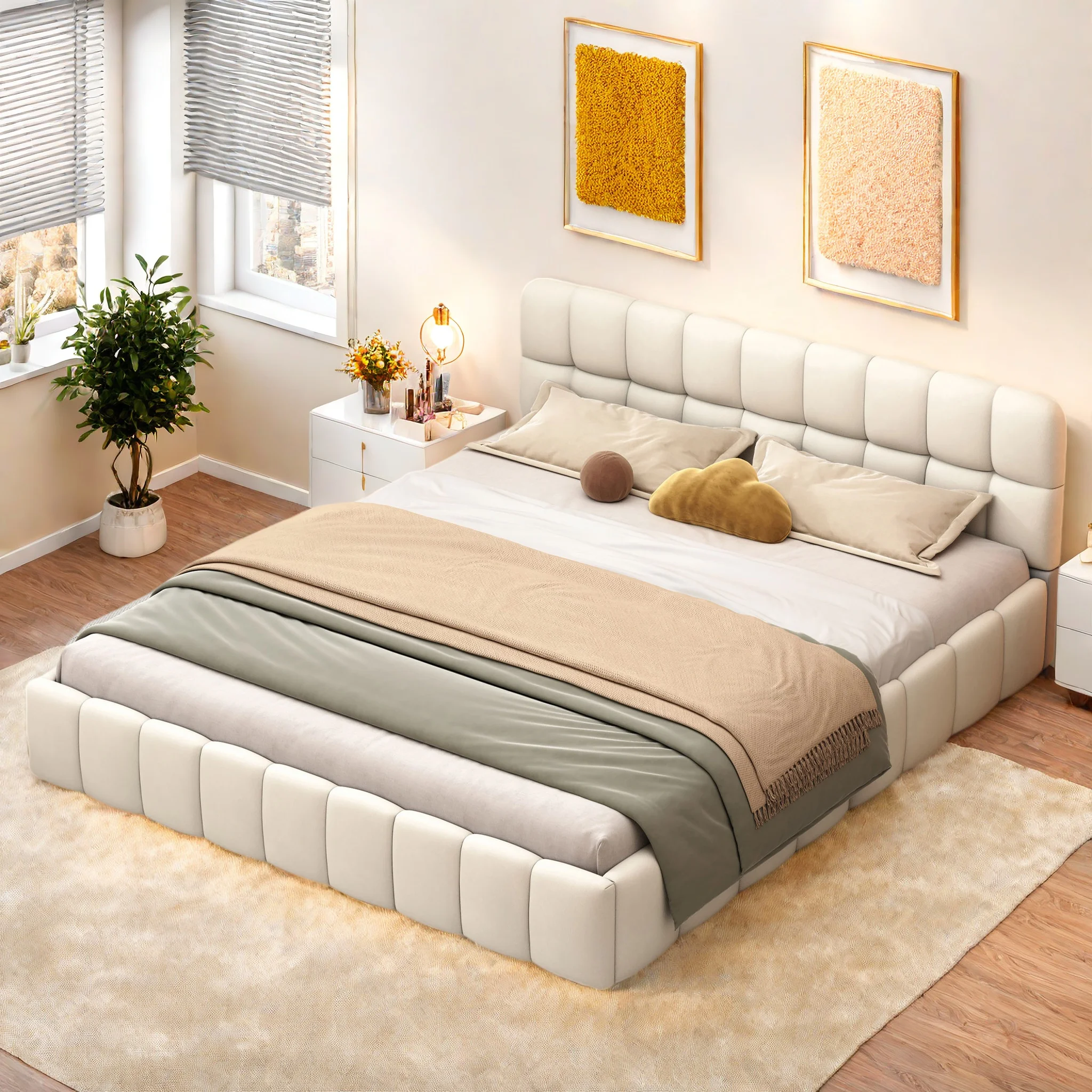 Bubble Bett 140x200 cm, Polsterbett mit gepolstertem Kopfteil, Cloud Bett mit Lattenrost, Bodenbett Flachbett Jugendbett Gästebett, Bettgestell Leinen Beige, modernes Schlafzimmerbett, Doppelbett