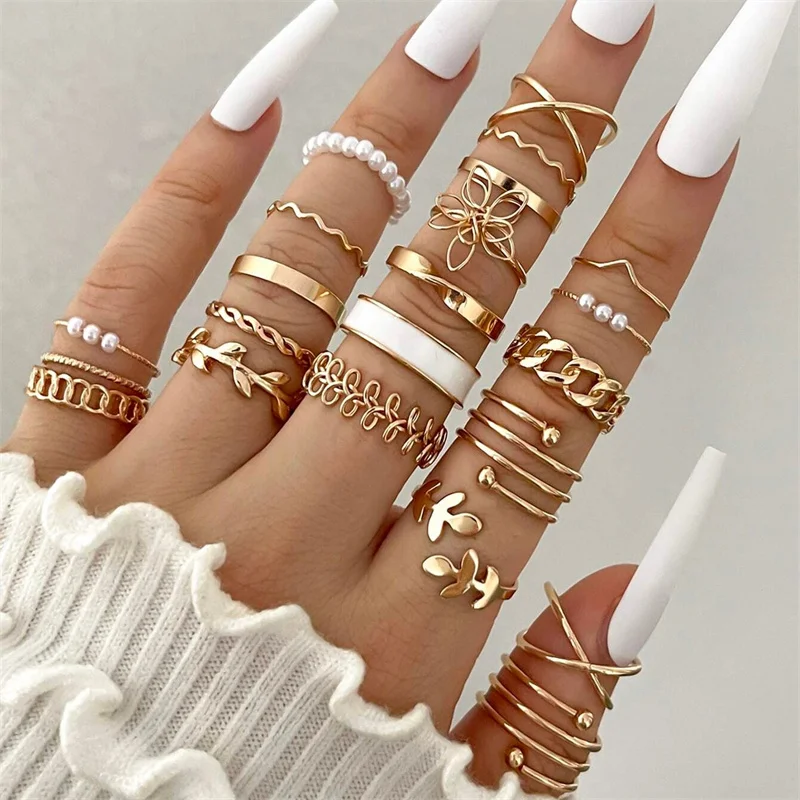 Neue Mode Boho Geometrische Perle Knuckle Ringe Set für Frauen Gold Silber Farbe Welle Blatt Zirkon Herz Ring Partei Schmuck Geschenk
