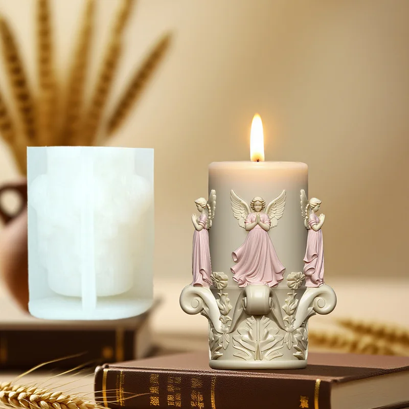 Zylindrische Relief Gebet Engel Kerze Silikon Form DIY Verbreitung Flügel Engel Mädchen Zement Gips Harz Casting Mold Home Decor Image