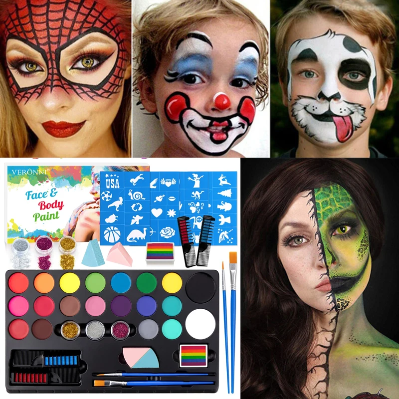 20-farben Gesicht Körper Ölgemälde Farbe Make-Up Haar Farbstoff Set Flash Tattoo Malerei Mit Pinsel Kunst Erwachsene Kind Halloween Cosplay Party Image
