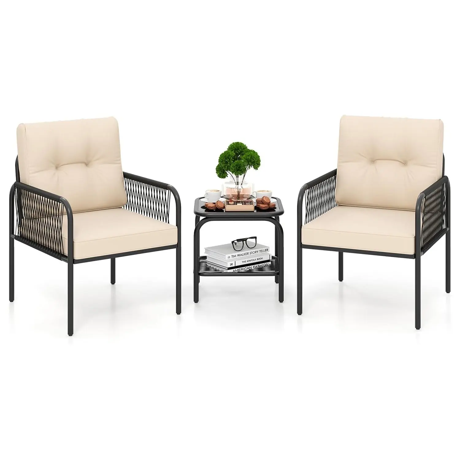 Rattan-Gartenmöbel-Set, 3-teilige Balkonmöbel mit 2 Stühlen, Tisch und Kissen, Balkon-Set, Terrassenmöbel