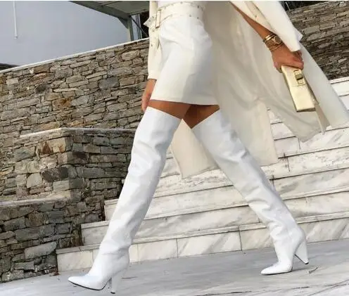 Heiße Damen-Stiefel in Weiß, Aprikose, Rot, weiches Leder, spitze Zehen, Spike-Absätze, Overknee-Stiefel, Winter-Frauen-High-Heel-lange Stiefel, Größe 44