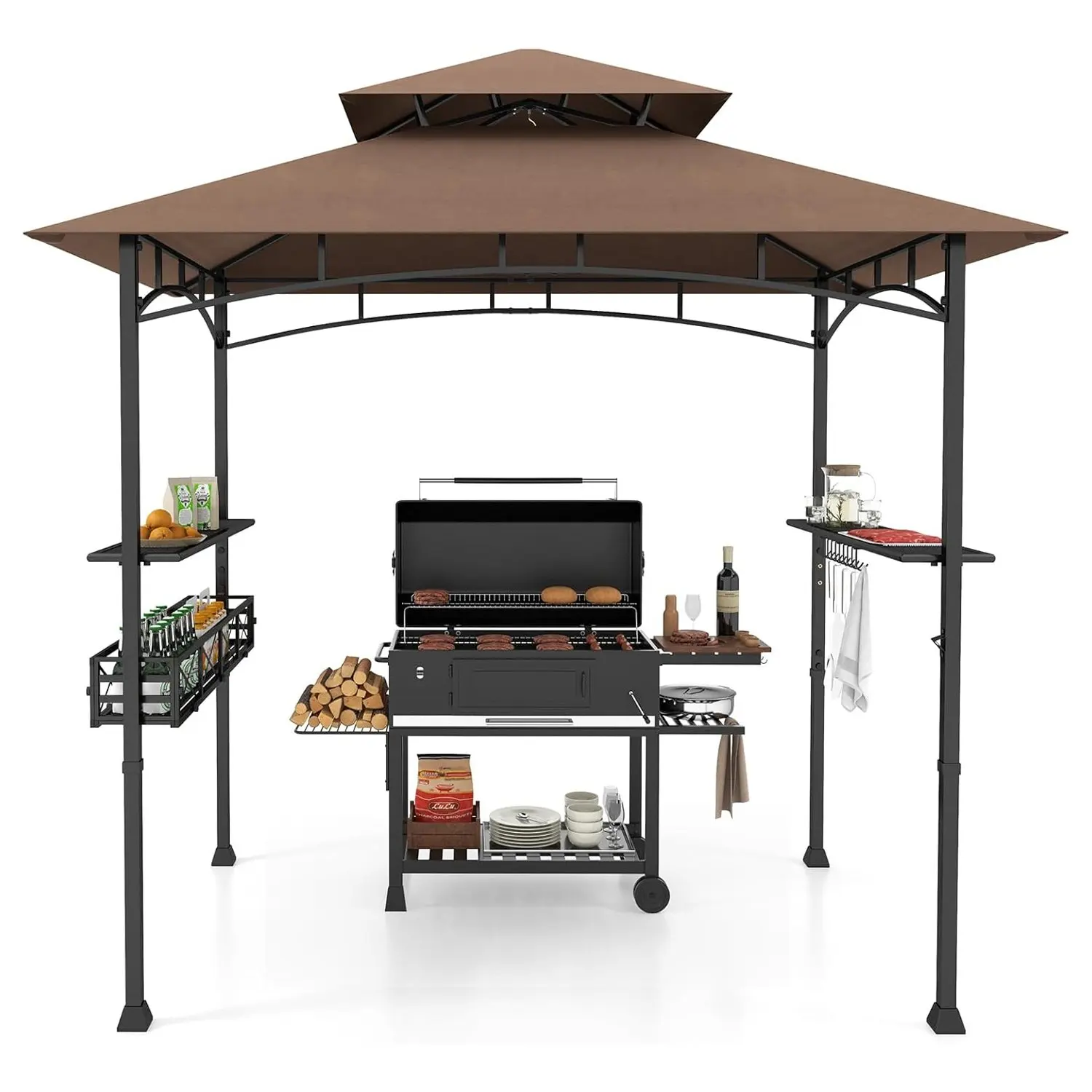 Grillpavillon mit Doppeldach, Seitenregalen, Metallkorb, Haken, Grillvordach, Grillunterstand (braun) Image