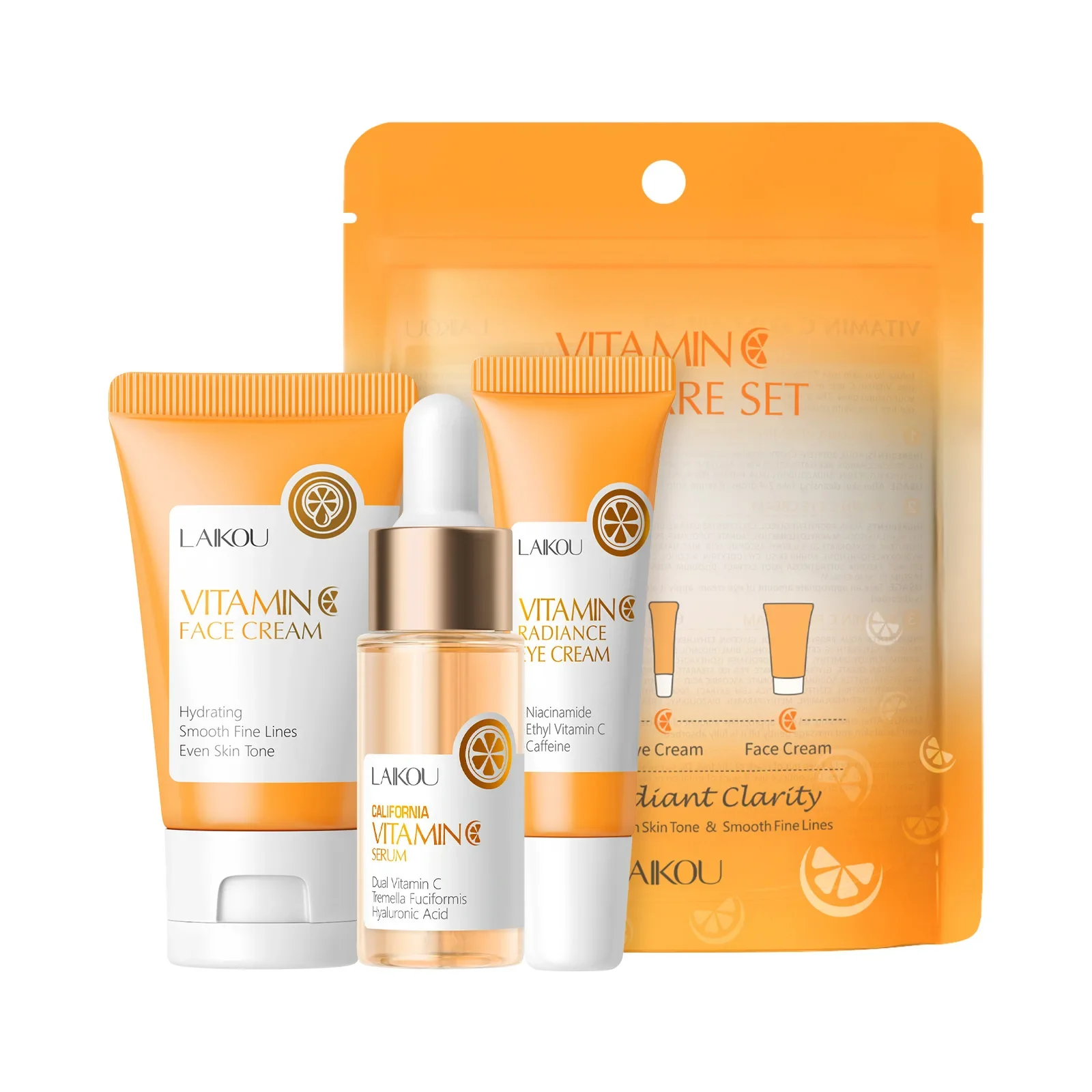 Vitamin C Hautpflege-Set, 3-teiliges Serum, Augencreme, Gesichtsfeuchtigkeitscreme, feuchtigkeitsspendend, straffend, aufhellend, Gesichtspflege Image