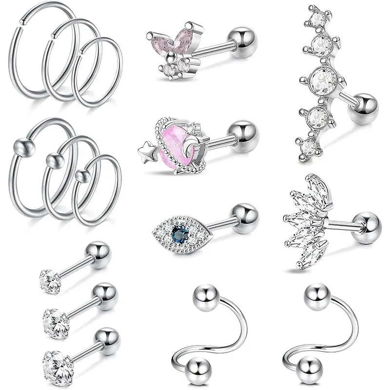 2/16 Stück silberfarbene hypoallergene Knorpelohrringe für den täglichen Gebrauch, Schmuck mit eingelegtem Zirkonia, Edelstahl, Unisex-Schmuck Image