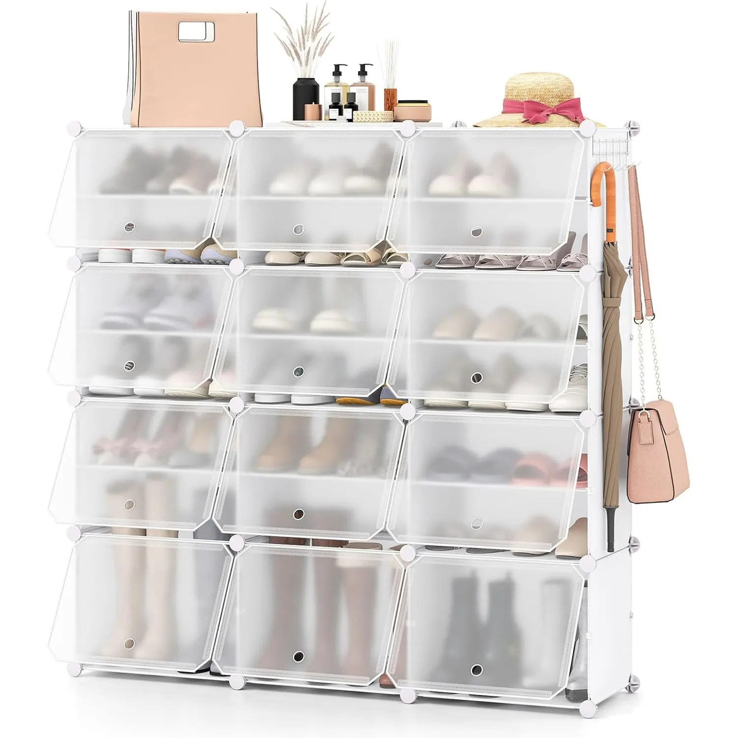 Schuhregal mit 12 Fächern, Schuhschrank aus Kunststoff für 48 Paar Schuhe und Stiefel, Schuh-Organizer zum Selbermachen mit seitlichen Haken Image