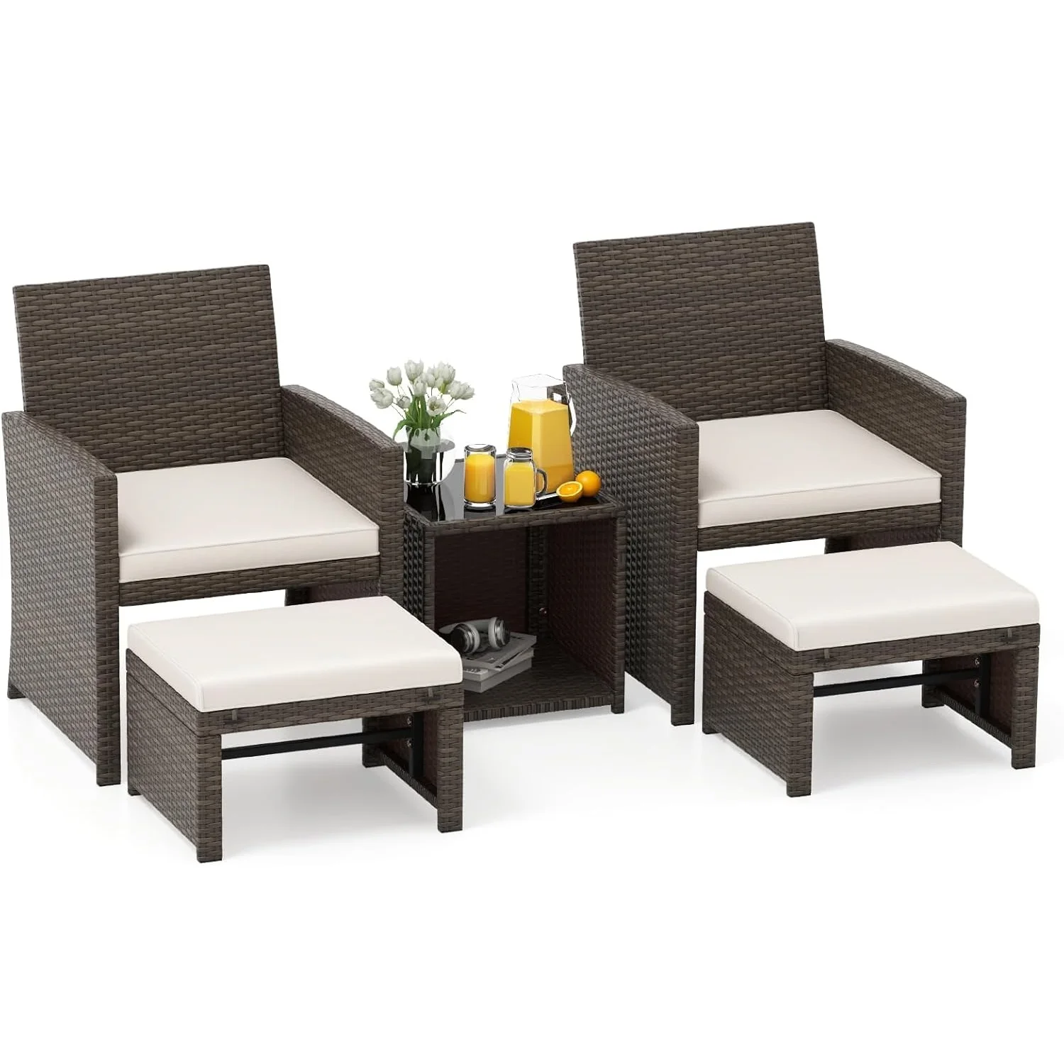 Rattan-Gartenmöbel-Set, Balkonmöbel, Balkon-Set inklusive 2 Stühlen mit Kissen, Hocker und Tisch Image