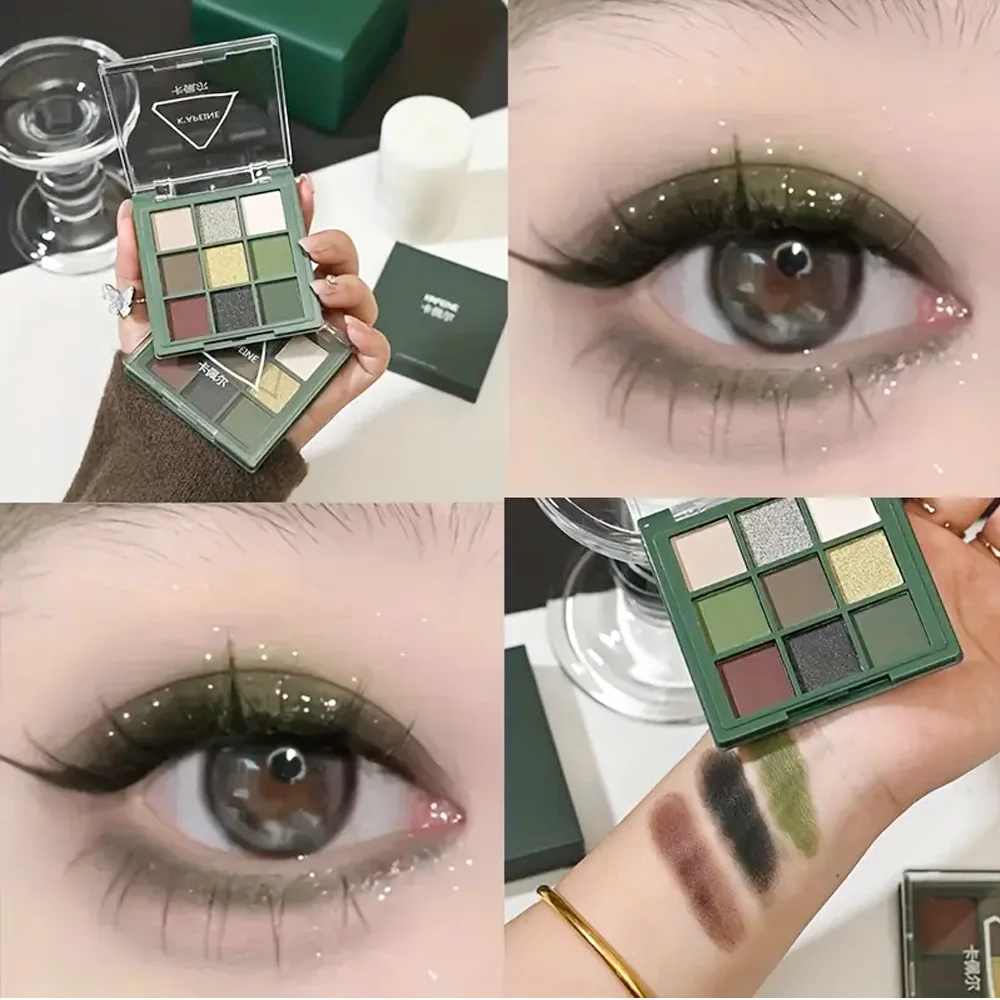 9-Farben-Lidschatten-Palette der Green-Serie – lebendige Farben, glänzende Augen-Make-up-Palette, wasserdicht und langlebig, geeignet für Musik f Image