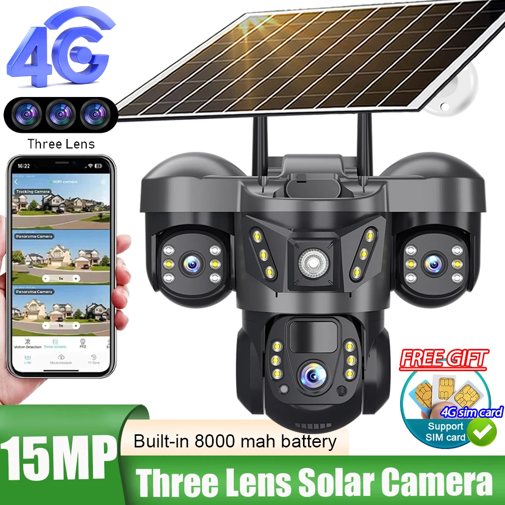 V380 Solar-Außenüberwachungskamera mit 4G Sim 15MP Hausüberwachungskameras mit drei Objektiven, Nachtsicht-Sicherheitsschutz Image