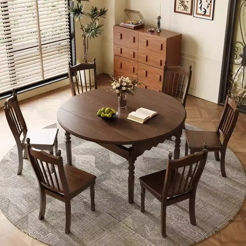 Französischer Vintage-Esstisch und Stühle aus massivem Holz, runder Esstisch, Haushalt, quadratischer runder Tisch, Eschenholz, kleine Wohnung Ameri