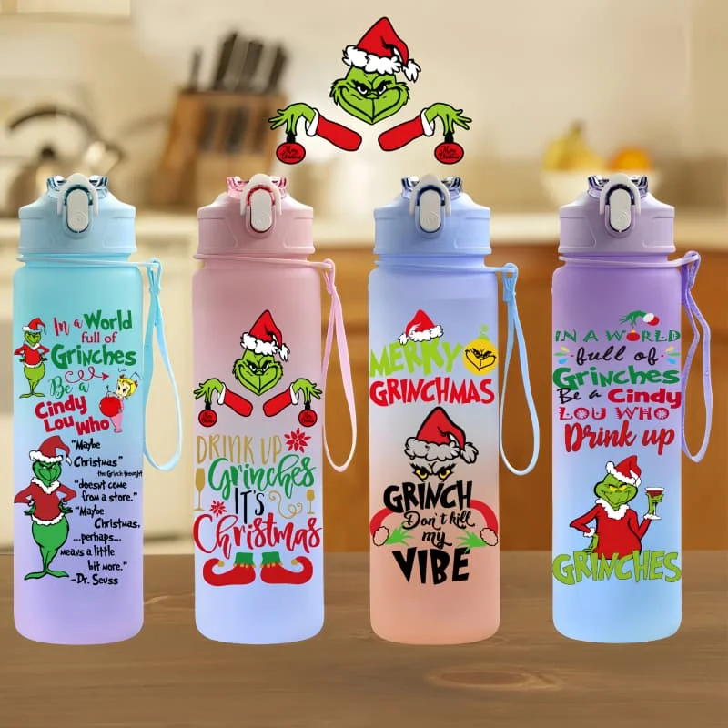 Der Grinch-Wasserbecher mit Cartoon-Figur, großes Fassungsvermögen, tragbares Seil, Outdoor-Sport-Trinkflasche, Geschenk für Jungen und Mädchen Image