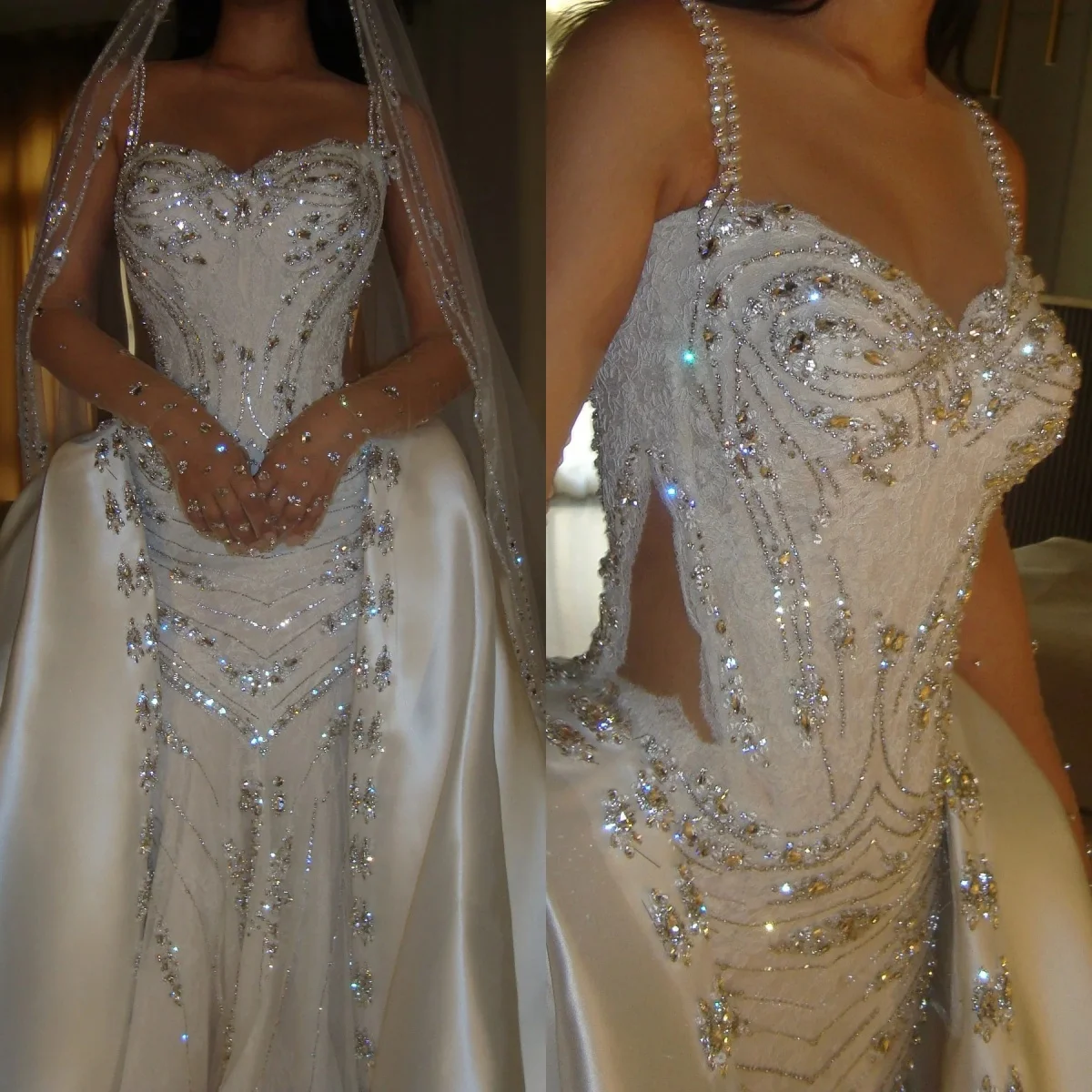 Simple Rhinestone Wedding Dresses Vintage Spaghetti Straps Sleeveless Bridal Gown Customized Beaded Satin Vestido De Novia