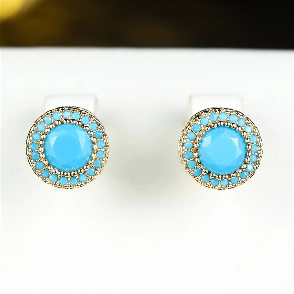 Blauer runder Stein, simulierte türkisfarbene Ohrstecker für Frauen, Vintage-Goldfarbe, Hochzeit, Verlobung, Schmuck, Valentinstagsgeschenke Image