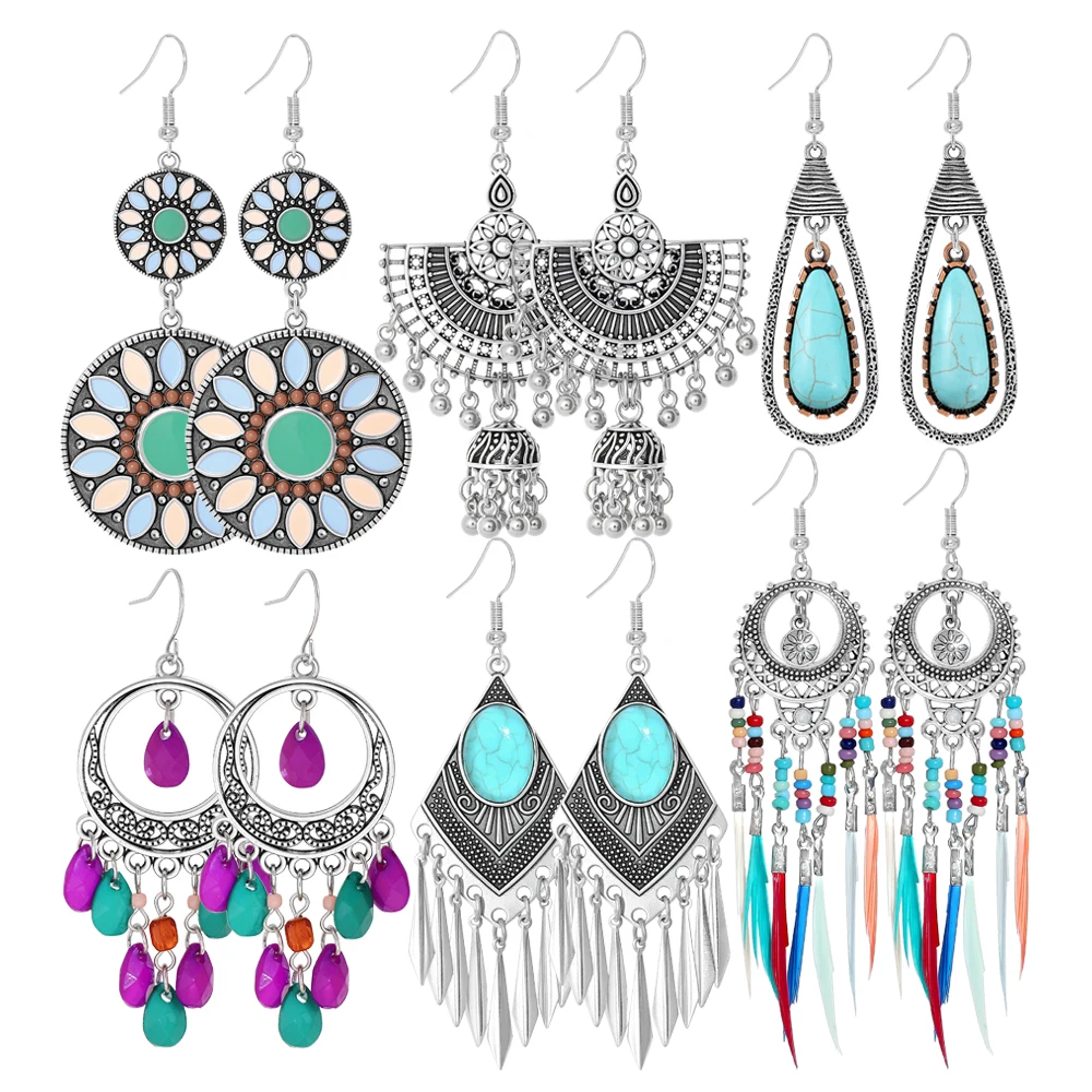 6-teilig geometrische Statement-Ohrringe für Damen, Urlaubsstil, Quasten-Ohrringe, Antik-Silber, Perlen, Arbeit, Alltag Image