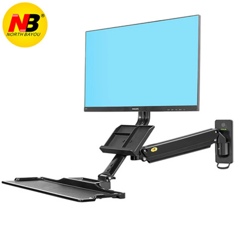 NB MB32/D32 Aluminium-Wandhalterung für Sitz-Steh-Arbeitsplatz, 19-27 Zoll Monitorhalterung mit Gasdruckfederarm und Tastaturablage, LCD-Halterung Image
