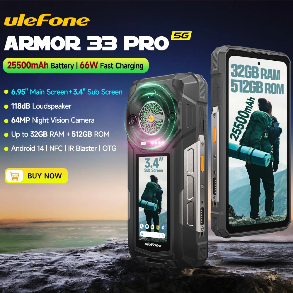 【2025 Neu】Ulefone Armor 33 Pro 5G Robustes Telefon Smartphone Android 14 32 GB + 512 GB 25500 mAh Nachtkamera 64 MP NFC-Lautsprecher Image