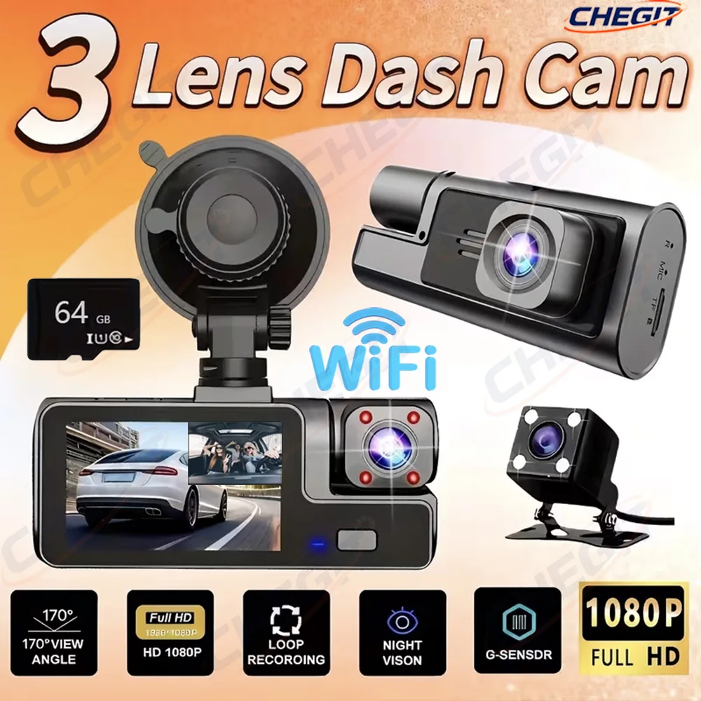 Nouveau DVR de voiture WIFI 3 caméras, caméra embarquée 3 canaux pour voitures, enregistreur vidéo HD 1080P, DVR de voiture noir, boîte noire 2 pouces, accessoire de voiture dashcam voiture，caméra de