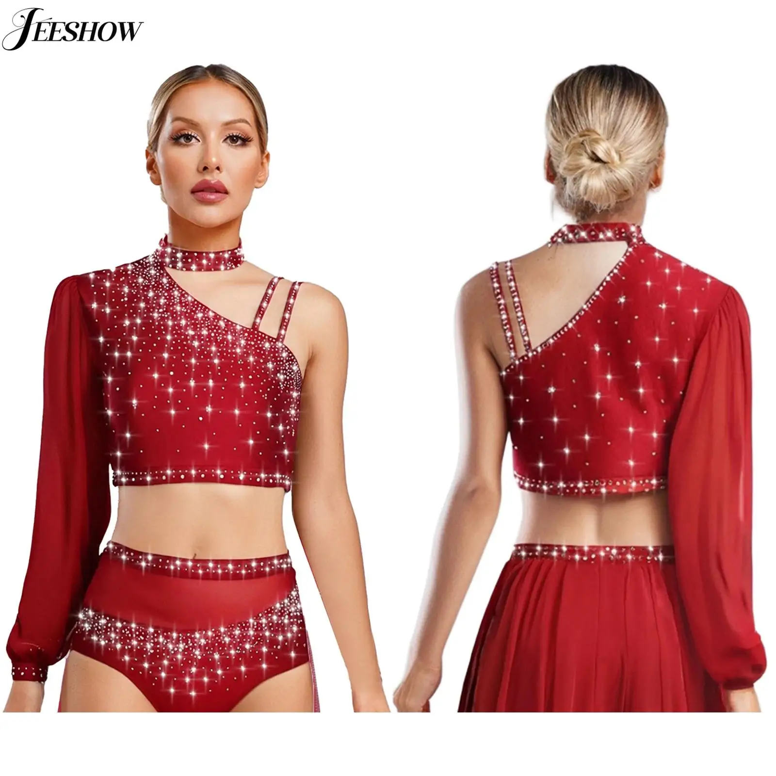 Haut court de danse lyrique pour femmes, Costume de danse contemporaine moderne, maille strass brillant, manches longues, chemisier ajusté, vêtements de danse