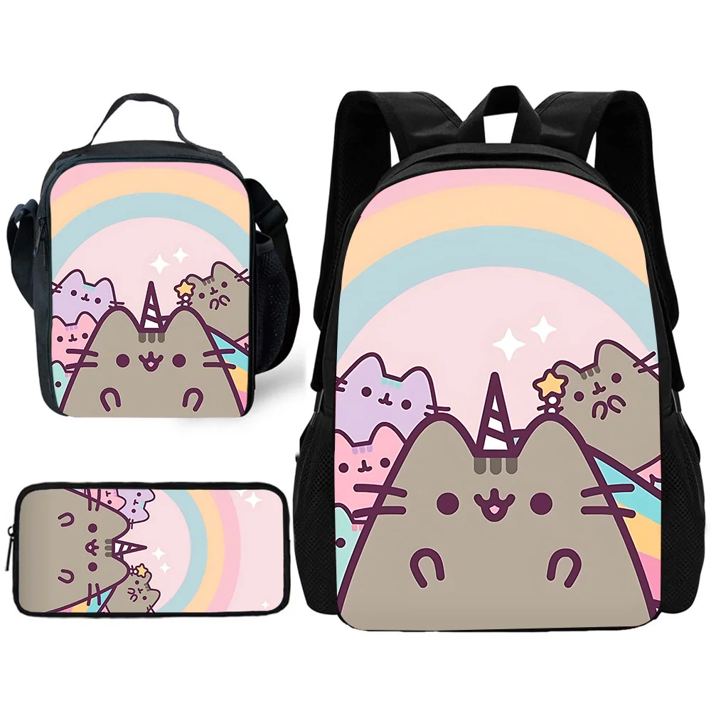 Sac à dos d'école pour enfants, dessin animé Kawaii Pusheens chats avec sacs à déjeuner, sacs à crayons, sacs d'école pour garçons et filles, meilleur cadeau