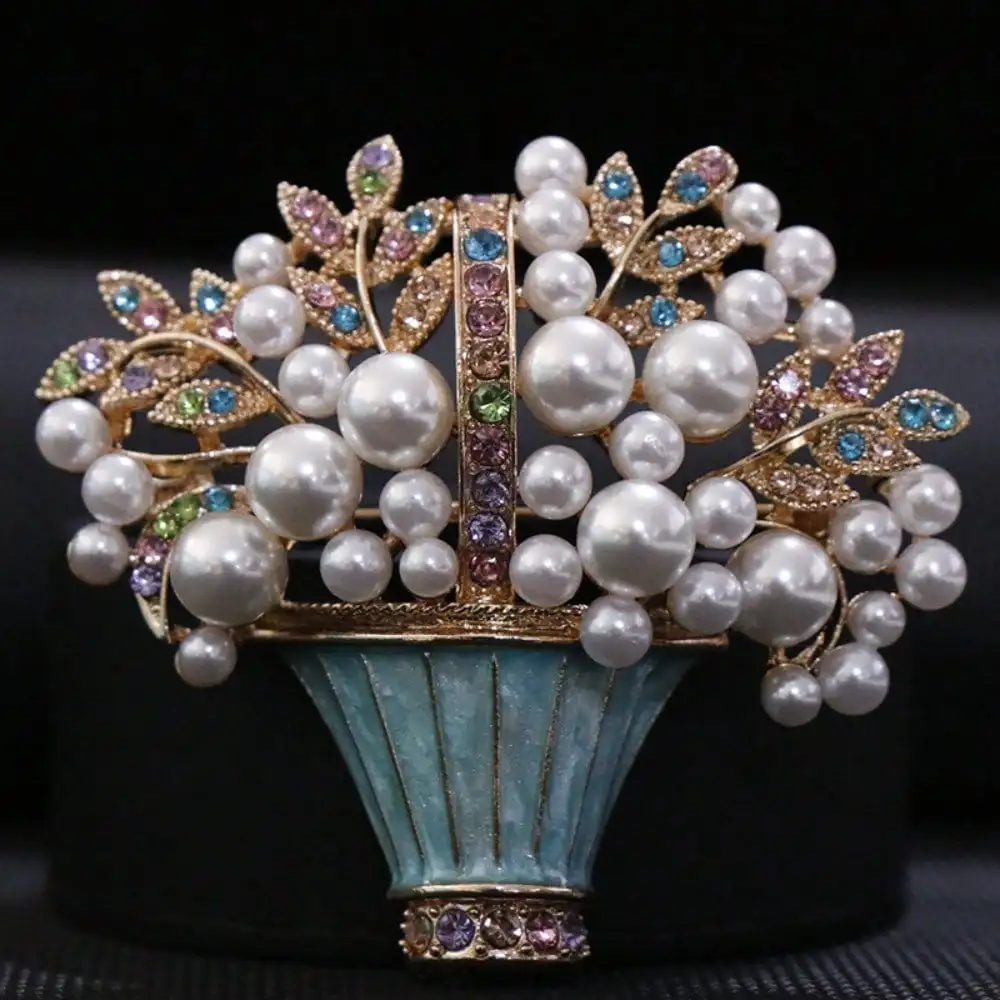 Nuova Spilla a Forma di Fiore Perlato Smaltato, Cesto di Fiori alla Moda, Spilla a Forma di Pianta in Vaso, Accessorio per Abbigliamento Personalizzato in Stile Medievale