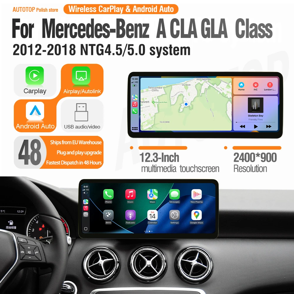 AUTOTOP Sistema Multimediale per Auto da 12.3 Pollici con Linux per Mercedes Benz Classe A W176 GLA CLA, CarPlay Wireless, Android Auto, Schermo Touch 2400*900