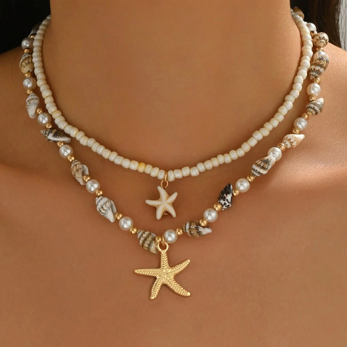 Collana con perline di riso a forma di conchiglia e stella marina in stile bohémien, 2 pezzi, catena creativa con ciondolo a stella marina
