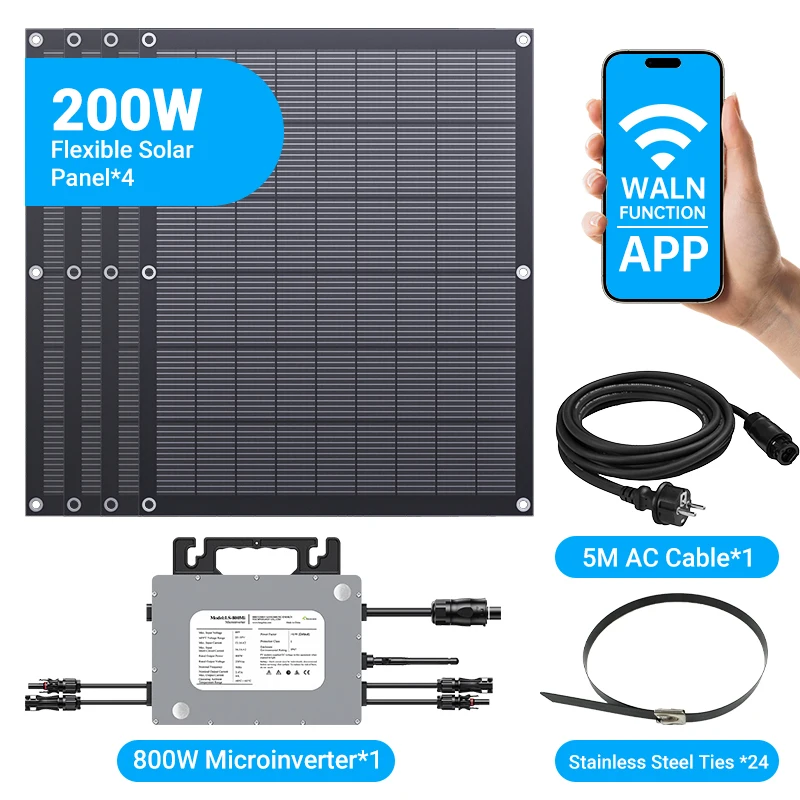 Nuovo! Kit Sistema Solare da Balcone 800W con Micro Inverter, 4×200W Pannelli Solari Flessibili, Sistema Fotovoltaico Plug & Play, Monitoraggio WiFi APP
