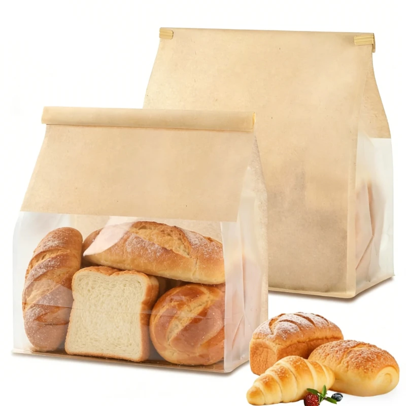 10-50 Stück Braune Brottüten mit Drahtverschluss Selbstversiegelnd Ölfest Transparente Backtüten für Party, Backen, Kekse, Kuchen, Bäckerei, Toast Image